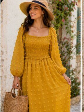 🌻 ZCSIA Mustard Yellow Swiss Dot Smocked Midi Dress 🌻